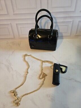 Black Mini Satchel Purse With Attachable Chain Handle And Pepper Spray Holder
